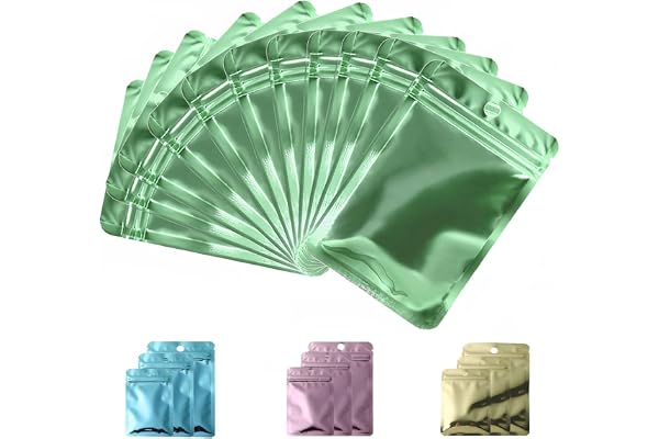 Rimiko 100 Sachets Zip Aluminium Refermable, Pochons Zip Alimentaire avec Fenêtre Transparente, Sac Mylar Hermétique pour Vente au Détail et Stockage des Objets (Vert Métallisée, 8x13cm)