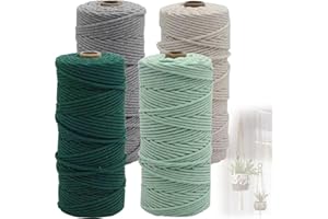 Cerkkapo 4 Stück Makramee Garn, 3mm x 400m Macrame Cord, Baumwollkordel in Naturtönen (dunkelgrün,hellgrün,beige,grau), Makramee Baumwollgarn für DIY Handwerk Flechtkunst Wandbehänge Türvorhang