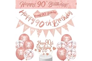 DEARLIVES 90th Birthday Decorations: Rose Gold Happy Banner, Sash, Cake Topper, Triangle Flag and Confetti Balloons for Party Decoration