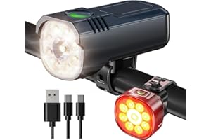 ASUNND Luci Bicicletta, USB Ricaricabile IP65 Impermeabile Luce di Sicurezza Bicicletta, 8+7 modalità Ultra Luminosa Luci Biciclette LED, Dotata di Faretti e Luci Cald, Adatto Campeggio e la Guida Notturna.