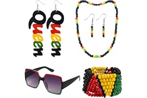 Bohue 5 Pieces Women's African Jewelry Set Jamaican Costume Accessories Square Sunglasses Rasta Beaded Bracelet Necklace Wooden Earrings Fashion Decoration for Women Girls