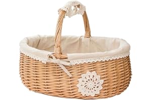 HOTSEL Panier Pique-Nique en Osier Rangement Osier Panier Pique-Nique en Osier Rotin,Corbeille À Fleurs Fruits Tissée avec Doublure en Dentelle Blanche pour Les Pique-niques Fêtes Barbecues