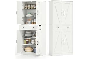 KOMFOTTEU KOMFOTEU Szafka kuchenna z podwójnymi drzwiami, 183 cm, 1 szuflada, 3 regulowane półki, szafka bufetowa, wysoka szafka z zabezpieczeniem przed przewróceniem, szafka na zapasy 77 x 39 x 183 cm, biała