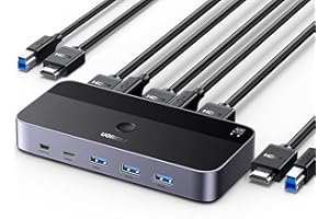 UGREEN KVM Switch HDMI 4K@60Hz, 3.0 4-Port Hub with 1 USB-C and 3 USB-A Ports for Sharing Keyboard, Mouse, Hard Drives, Printer, 2 PC 1 Monitor with 2 Cables