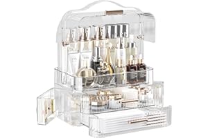 LINFIDITE Cosmetics Storage Box Transparent Lid Large Makeup Organizer Box Drawers Portable Handle Waterproof Dustproof Skincare Display Cases for Countertop, Bathroom, Dresser,Gift Clear