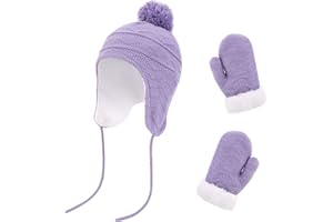 QKURT Baby Girl’s Beanie Cap Mittens Set, Chirldren Winter Thermal Mitten Caps Set with Earflaps Kids Hats Kids Gloves Fit for Age of 1~3 Years Old Girls Baby