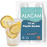 [50 Adet] Alacam Şeffat Tek Kullanımlık Plastik Bardak, Soğuk İ&ccedil;ecek, Limonata, Meyve Suyu, Parti Bardağı (12 Oz - 350 ML)
