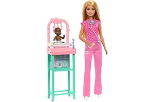 Barbie Carriere - Pediatra, set bambola bionda con divisa da medico rosa e un neonato, stetoscopio, mobili e accessori inclusi, giocattolo per bambini, 3+ anni, JCR72
