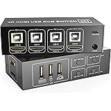 Commutateur KVM HDMI 4 Ports 4K@60Hz, Brancher 4 pc sur 1 Écran KVM Switch 4 pc avec Câbles d'alimentation, Câble d'extension