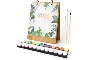 QITIXI:OU Calendrier 2026 Peinture par numéros - Calendrier de table DIY - 12 plantes vertes différentes - Peinture à l'huile peinte à la main - Calendrier de table pour adultes - Calendrier avec pinceaux et