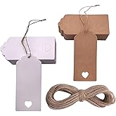 Gift Tags Pack of 100 Kraft Paper & White with Heart Hole and 30 m Jute
