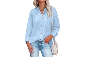 Hotouch Damska koszula na czas wolny, bluzka z bawełny, z długim rękawem, elegancka bluzka koszulowa z guzikami, dekolt w serek, na co dzień, do pracy