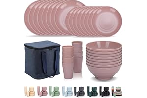 Evanda Plastic Dinnerware Sets 32 Piece Service for 8 with a Portable Oragnizer Bag, Reusable Plates and Bowls Sets Include Cups, Bowls, Dishes for Home, Camping, Picnic, Outdoor (Light Pink)
