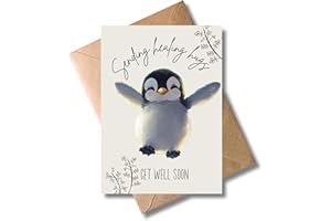 ‎WBDESIGNZ WBdesignz Gute Besserung Karte mit Umschlag - Trostkarte “Get well soon” Positive Gedanken Aufbauende Sprüche Karten Pinguin Umarmung Karten zum Aufmuntern (Din A6)