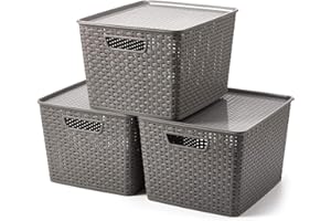 EZOWARE Set of 3 Lidded Storage Bins, 17.5L Large Plastic Stackable Weaving Wicker Basket Box Containers with Lid and Handle - Gray, 36x29x22.5 cm