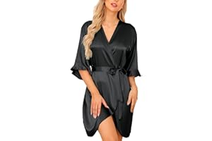 Wikoan Women's Satin Robe Summer Silk Dressing Gowns Soft Wedding Party Bathrobe 3/4 Sleeve Sleepwear with V-Neck