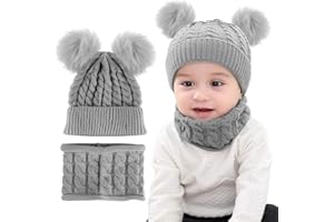 CheChury Conjunto de Bufanda y Gorro de Punto Unisex Niños Niñas Invierno cálido Punto Beanie Gorros con Pompon Bufanda de Punto Cuello Redondo Bebé