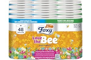 Foxy Love the Bee | 3 capas |Papel higiénico 48 rollos | 167 servicios por cada rollo | Certificación FSC | 100% Energía eléctrica renovable | Paquete reciclable producido con plástico reciclado