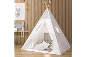 Pamatio Tipi Zelt für Kinder, Weiß Tipi Kinderzelt,Kinderzelt für drinnen, Kindertipi Spielzelt,Spielzelt Kinder,Kinderzimmer Deko A