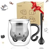 ecooe Cat Mug Glass Coffee Cup 290ml Double Wall Tumblers with Handle and Spoon Borosilicate Glass Mugs Cute Cat Tea Cups for
