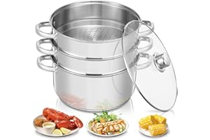 FOHERE Marmite à Vapeur en Acier Inoxydable, Cuiseur Vapeur, Casserole (3 en 1), Diamètre 26 cm, avec Couvercle en Verre, Cuiseur Vapeur pour Tous Types de Cuisinières, y Compris à Induction, Argent