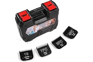 YAZIYIR 4-Pack Detachable Dog Grooming Steel Blades with blade case Holder- Compatible with Andis, Oster A5, Wahl KM-10 Series - 1/16" to 3/8"-Inch Cut Length (Black) (10+7FC+5FC+4FC)