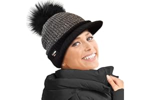 RockJock Ladies Warm Fleece Lined Knitted Peaked Beanie Baseball Cap with Detachable Faux Fur Pompom- wear with or Without