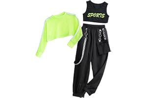 Manyakai 3Pcs Girls Hip Hop Clothes Set Kids Street Dance Outfit Cropped Hoodie Tank Top Cargo Pants