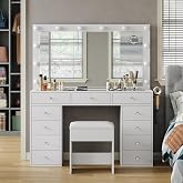 Yanosaku Makeup Table with Mirror &amp; Socket - Vanity with 12 LED Lights, 3 Lighting Modes, Brightness Dimmer and 11 Drawers, W