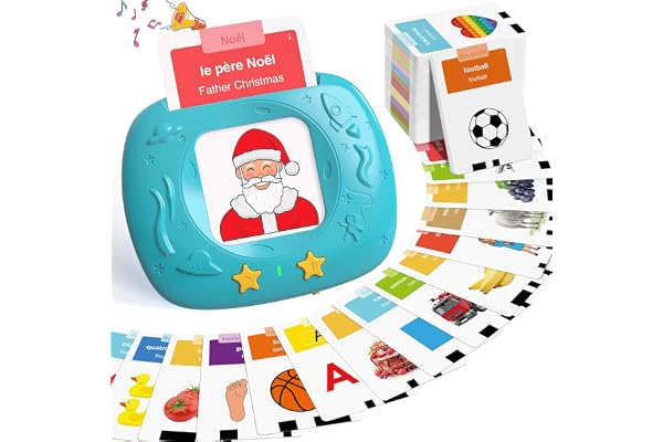 HOMESTEC Jouets éducatifs de la Parole pour Tout-Petits, Cartes-Flash réalistes améliorées, Mots visuels français avec Sons, Accent français, kit Jeu Montessori pour Enfants d'âge préscolaire (Bleu)