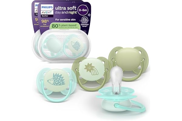 Philips Avent Sucettes Ultra-Soft jour/nuit – forme orthodontique, bébés 0-6 mois, phosphorescentes, téterelle symétrique en silicone, sans BPA, étuis de stérilisation, pack de 4, modèle SCF094/09