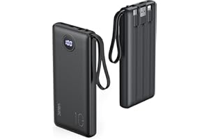 VRURC Batterie Externe Câble intégré 10000mAh Power Bank USB C 5 Sorties Ultra Mince Batterie Portable avec l’Ecran LED pour iPhone Huawei Samsung (Noir)
