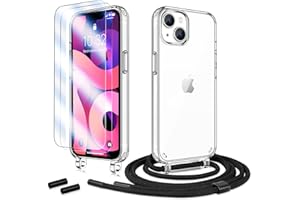 Anshow Handykette für iPhone 15 Hülle mit Band + 2 Schutzfolie, Robust Necklace Extrem Stoßfest Handyhülle iPhone 15 Case Transparent Schutzhülle zum Umhängeband Abnehmbar, Schwarz
