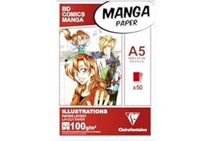 Clairefontaine 94041C Blocco collato carta Manga e Illustrazione - 50 Fogli di carta da Disegno Bianca extra liscia A5 14,8x21 cm 100g - Carta ideale per il Disegno con Pennarello ad Alcool