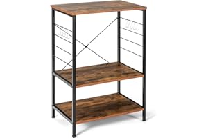 GiantexUK 3-Tier Kitchen Baker’s Rack, Freestanding Microwave Oven Stand with 10 Metal Hooks & Adjustable Foot Pads, Industrial Metal Frame Storage Cart Shelf for Dining Room Office