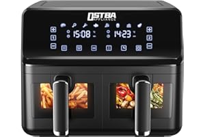 TIASTAR OSTBA APPLIANCE Dual Zone Heißluftfritteuse mit Doppelkammer, 8L Air Fryer 2 Körben mit Sichtfenster, Touchscreen,8 Presets,Dual Cook, Synchronisieren Fertig Technik,1700W,Schwarz