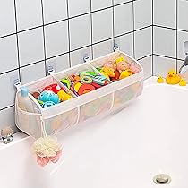 Portagiochi Da Bagno Con 3 Scomparti A Rete E 5 Ganci Adesivi - Organizzatore Appendibile Per Giocattoli Vasca E Doccia - Bianco 60x25 Cm