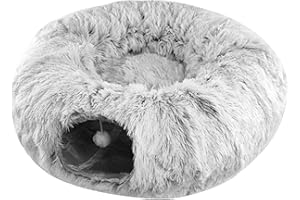 BLOGIIUP Tunnel couchage pour chat 2 en 1 Tunnel couchage en peluche pour chat Tunnel couchage en peluche pour chat d'intérieur Tunnel couchage en peluche pour chat et lit pour chat gris pour petit chat moyen
