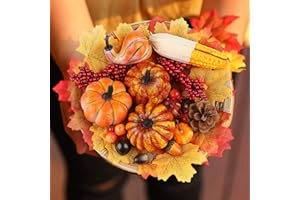 HAKACC 49 PCS Artificial Pumpkins Sets, 19PCS Harvest Fruits with 30 Artificial Maple Leaves Fake Pumpkins Gourds Pine Cones Acorns for Home Christmas Decoration