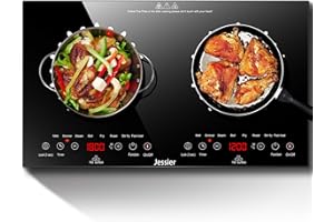 Jessier Double Ceramic Hob, 3600W Plug in Electric Hob Dual Zone, 60cm Built-in Cooktops with 2 Seperate Burners, 9 Power Levels, 4 Hour Timer, Safety Lock & Sensor Touch, 8 Modes Control, 220-240V