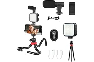 SURPN Zestaw do vlogowania na smartfony, dla Apple i Android, zawiera kabel Lightning USB-C i iPhone, zestaw startowy YouTube, sprzęt do podcastów, statyw, mikrofon do strzelby, światło LED, uchwyt na