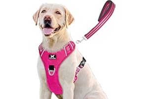 TUFFDOG Easy-Fit Dog Harness Large Dog - Fast Release Neck Clip, Premium Padded Reflective No Pull Harness with Control Handle, Adjustable Step-in Dog Vest Plus Free Matching Lead (L Hot Pink)