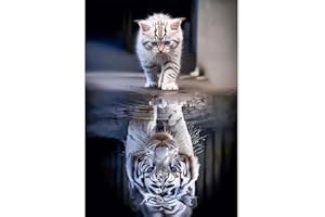 DAERLE Chat et tigre Peinture Diamant Kits, 5D Bricolage Diamond Painting Complet Reflet de chat, Diamant Strass Point de Croix Cristal Painting pour Murale Décoration 30x40cm