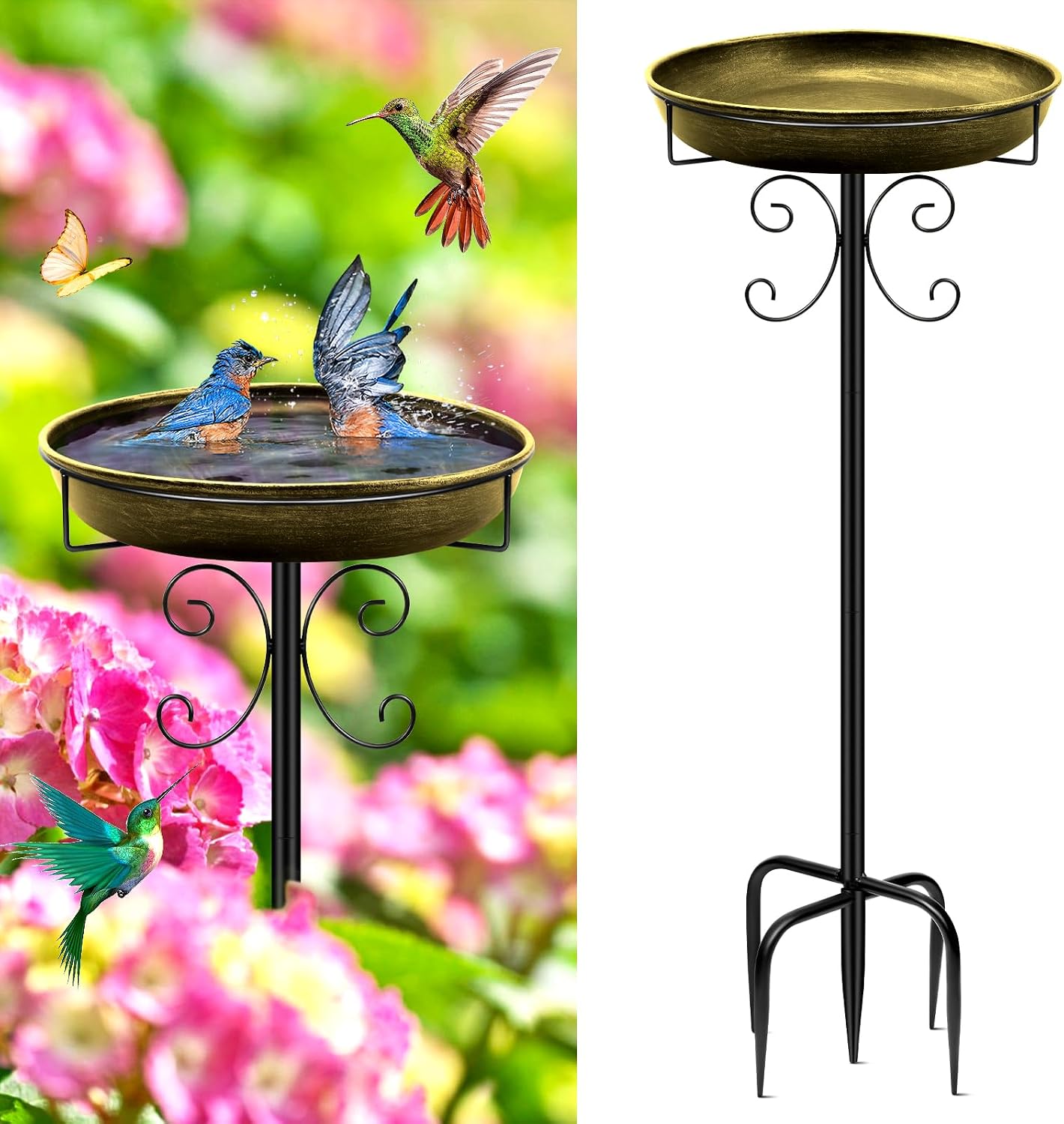 Mngren Bebedero para pájaros de pie, baño exterior para pájaros, jardín, 35 en metal, antiguo resistente al invierno, cuenco de agua (dorado)