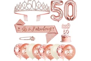 YYDSXK 50 Anni Decorazioni Compleanno Donna, 50° Fusciacca e Diadema Oro Rosa Compleanno, Happy Birthday Cake Topper, Candele di Compleanno Numero e Palloncini, Regalo Donna 50 Anni