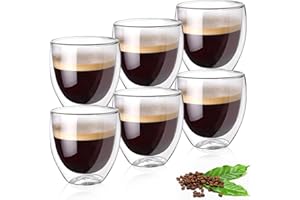 LEDEBOUK Tazzine Caffe Vetro Doppia Parete, Bicchieri Caffe Vetro Borosilicato, 80ml Tazza Doppio, Tazze da Cappuccino con 6 Cucchiaini, Bicchieri da Espresso a Doppia Parete Trasparente,Tazza da Caffè,6 Pezzi