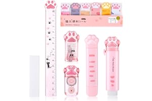 HJZHII Zestaw 7 artykułów piśmienniczych chowana temperówka, taśma korekcyjna, gumka, notatki samoprzylepne, linijka, mini nożyczki i nóż uniwersalny (różowy)