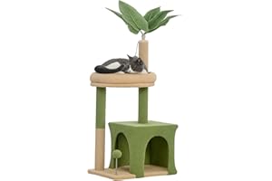 PawHut Albero Tiragraffi per Gatti con Foglia di Palma, Casetta, Lettino e 2 Palline, Torre per Gatti in Legno e Poliestere, 44x30x98 cm, Verde e Marrone
