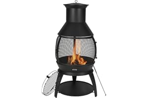 VEVOR Chimenea de Leña para Exteriores 508 mm, de Hierro, para Barbacoa y Calentamiento con Malla para Parrilla Revestimiento para Chimenea y Tapa a Prueba de Óxido para Patio, φ 500 x 1100 mm