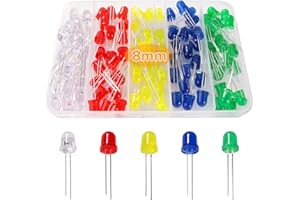 Lyeteung 100 PCS 8mm LED Diode, 2-Pin Light Emitting Diode, Round Head LED Diodes, White/Green/Red/Blue/Yellow